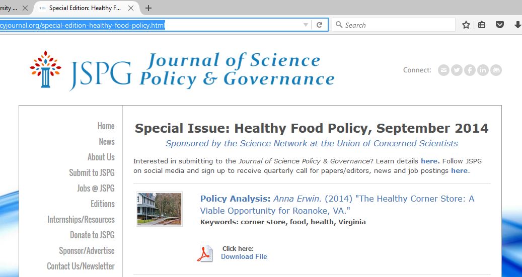 Screenshot of the Jounral of Science Policy & Governance Sept 2014 Issue